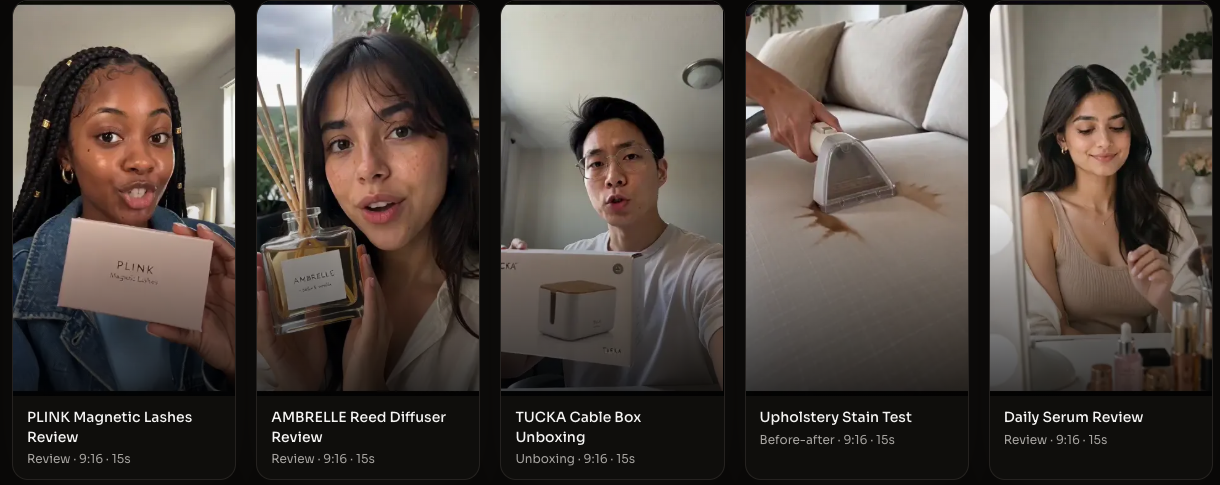 AI UGC ad examples by format — review, unboxing, and before-after videos in the AI UGC Studio showcase.