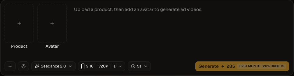 The AI UGC Studio composer: describe your video, upload product and avatar references, pick a ratio, and generate.